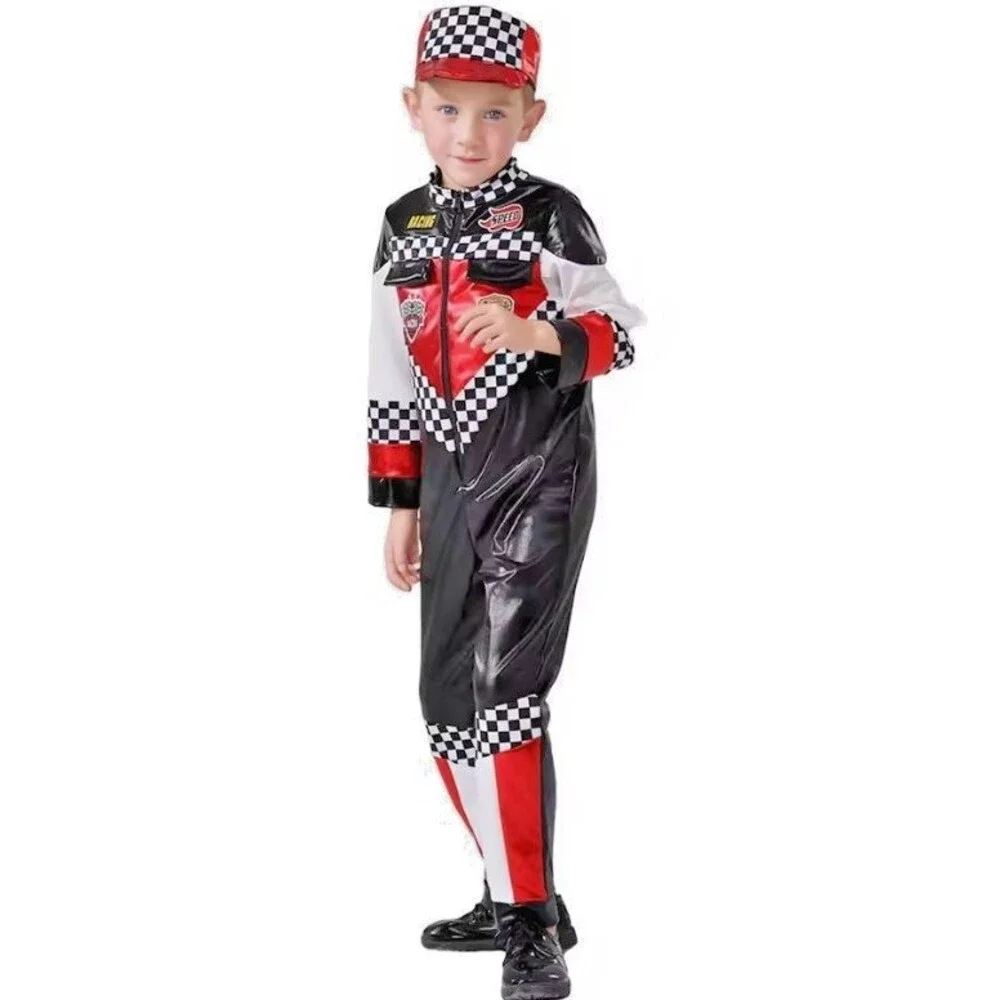 Race Car Driver Costume – Boys Size 140/L (US Age 9–10), Jumpsuit + Cap -Driver